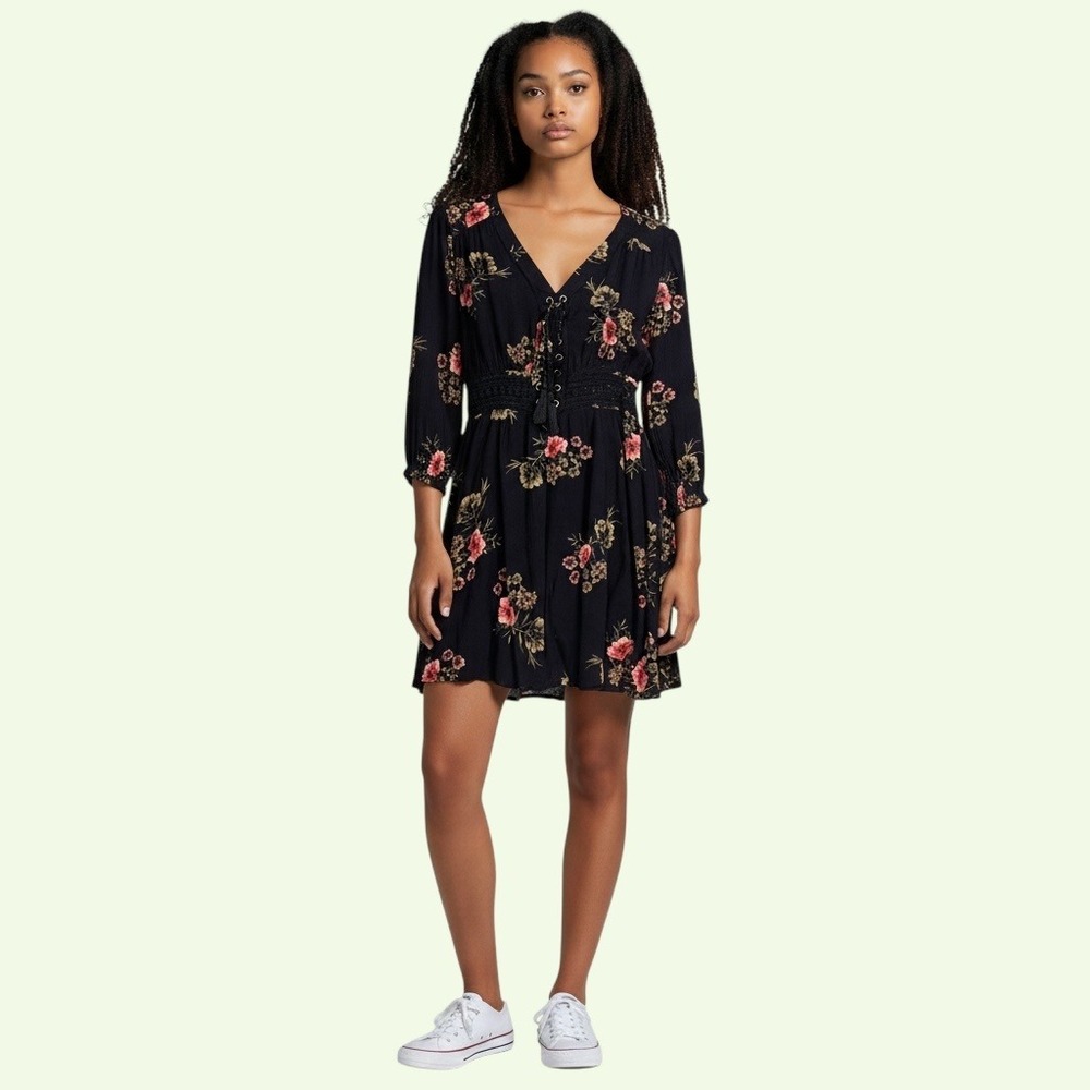 American Rag Floral Mini Dress XS Black Lace Up Boho Cottagecore Indie Style